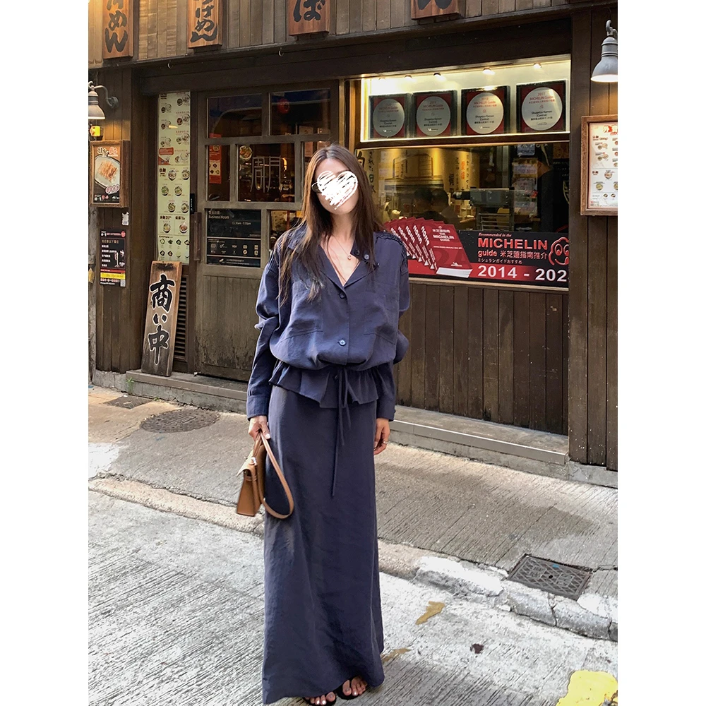 重工抽绳衬衫套装女秋休闲半身长裙两件套  60301