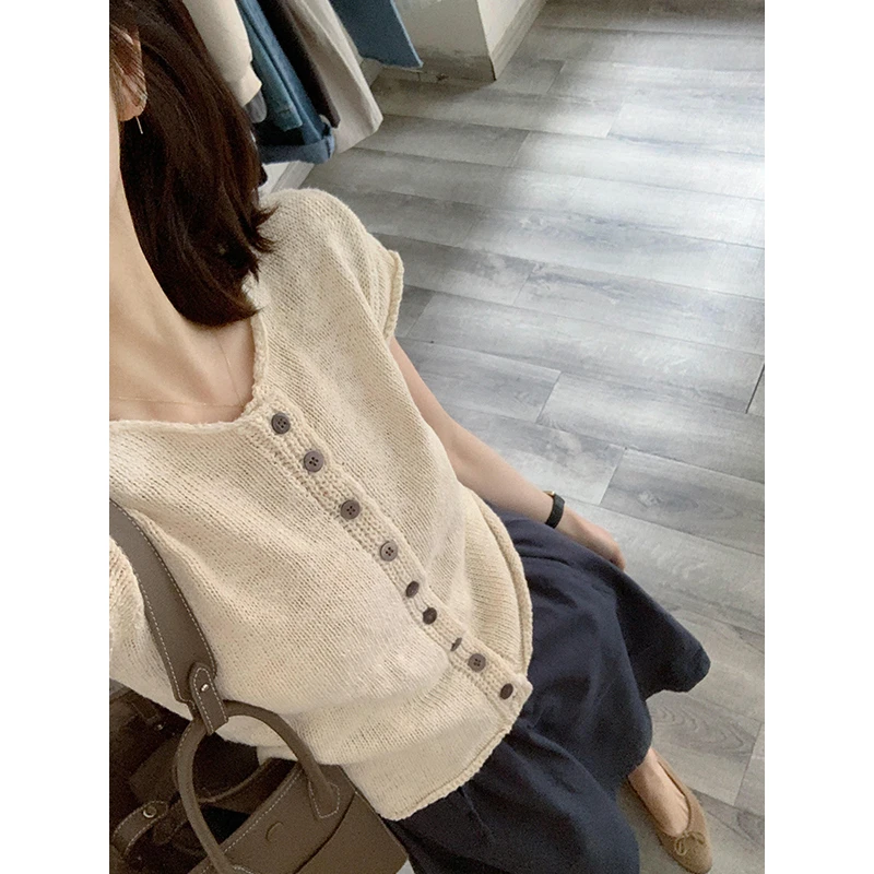 韩系显瘦修身针织短袖正肩t恤女夏季小个子独特别致短款开衫上衣