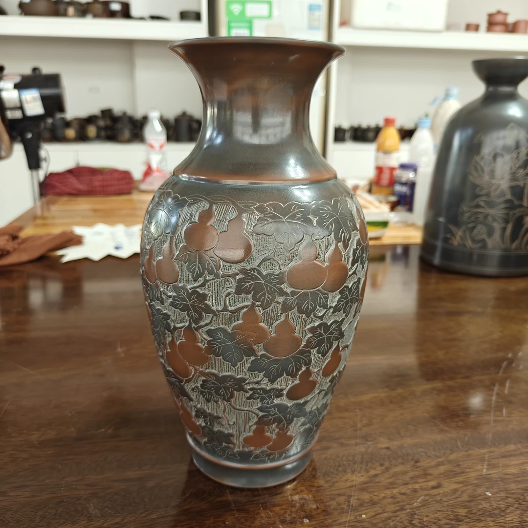 坭兴陶纯手工花瓶摆件满葫芦花瓶，高约29厘米