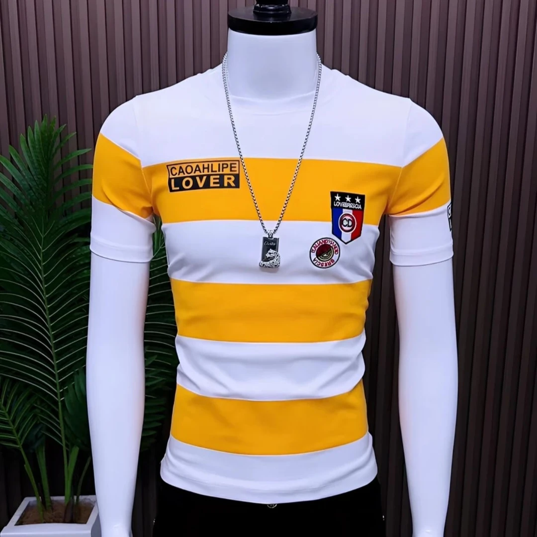 高级感夏季帅气条纹圆领短袖T恤男修身薄款透气百搭男士高端半袖t