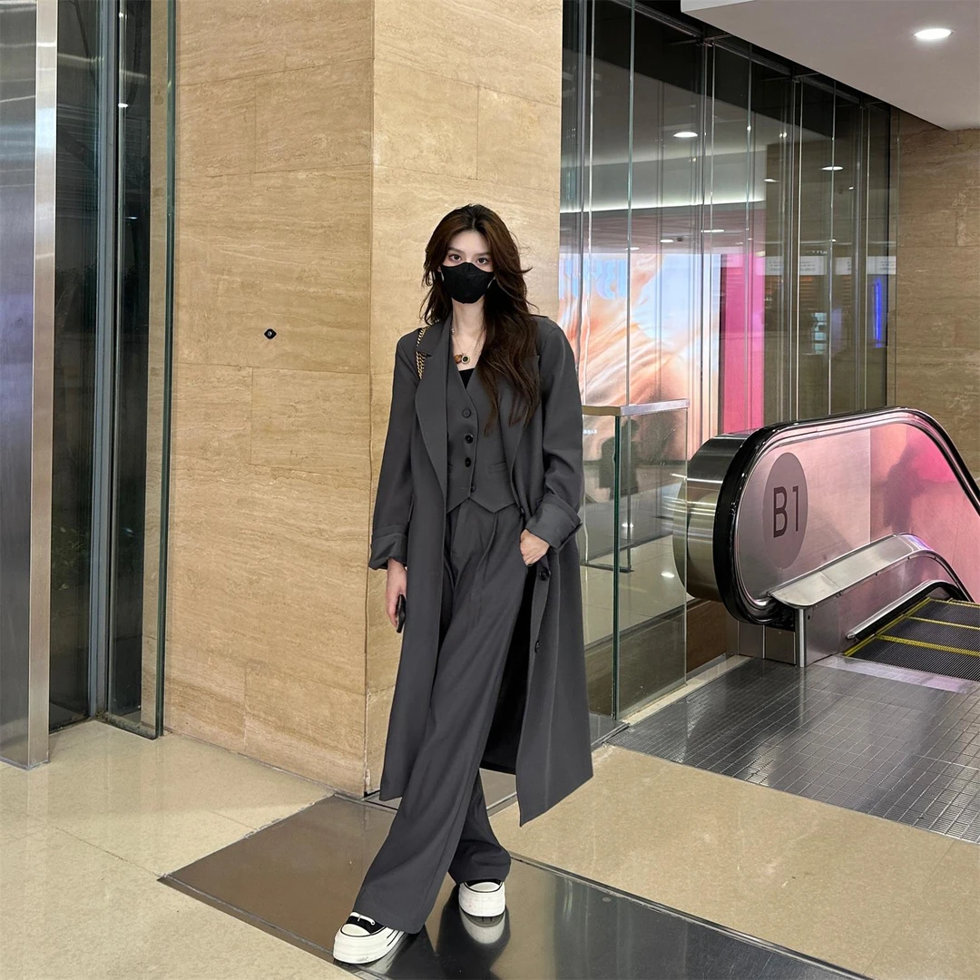 【XZ1316】Liixu高级感西装春季大牌单排扣长款西装阔腿裤三件套女