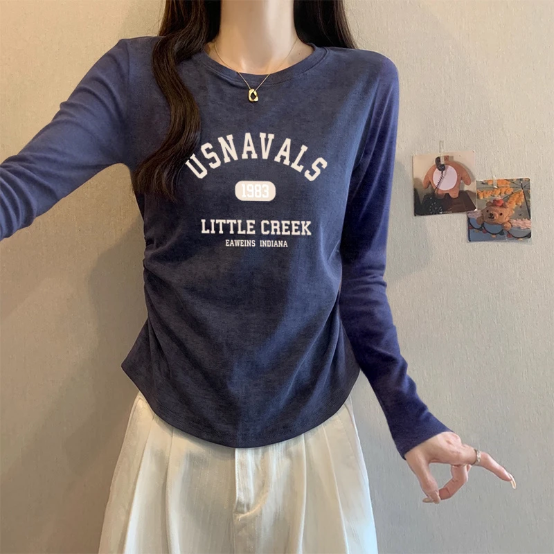 2025新款秋季美式复古扎染圆领长袖t恤女掐腰修身甜辣打底衫上衣
