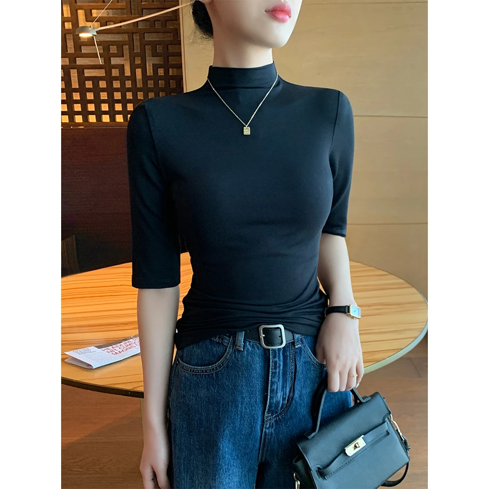 黑色中袖t恤女春夏2025新款打底衫内搭莫代尔半高领薄款百搭上衣