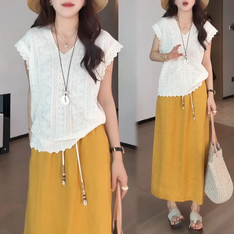 设计感V领蝴蝶蕾丝拼接飞飞袖针织衫女生2025年夏季新款减龄上衣