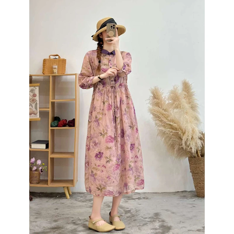 （有内衬）翻领单排扣数码印花纯苎麻七分袖连衣裙女长裙JL 2407-10