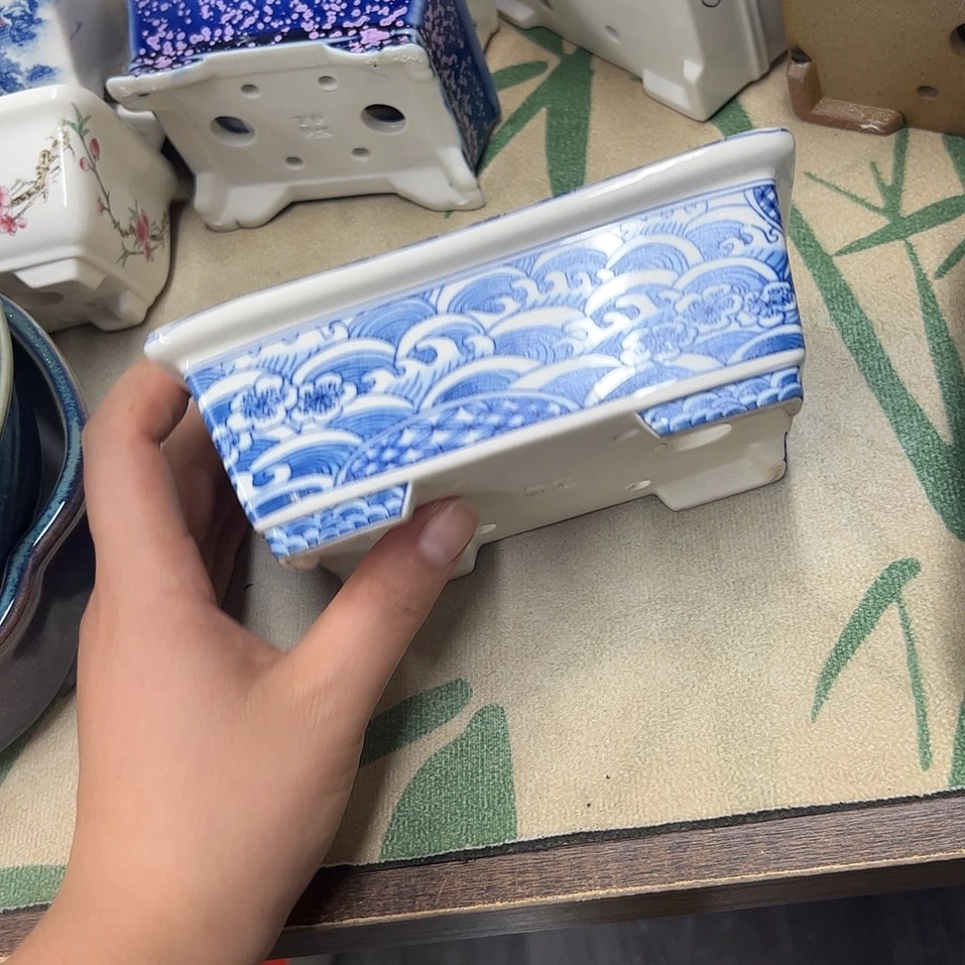 紫砂花盆060号瑕疵15/12/5cm仿手绘海浪花纹长方