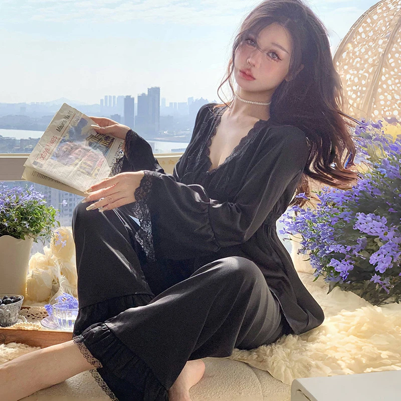 赵露丝同款春秋冰丝新款女高级睡衣长袖家居服带胸垫一体可外穿