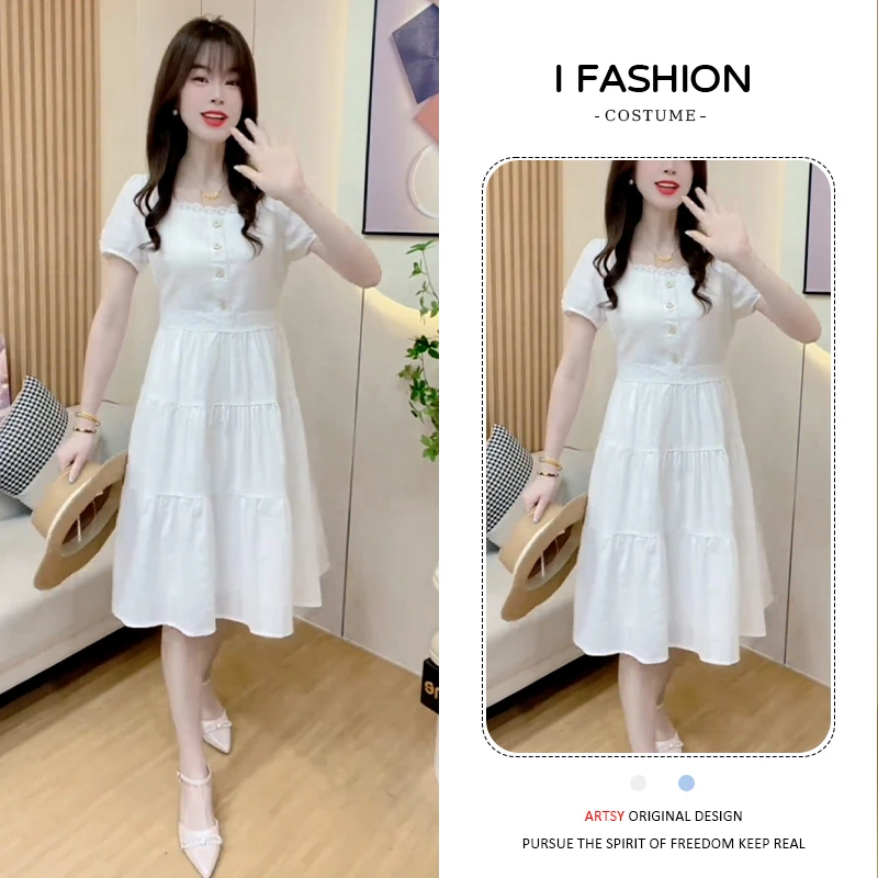 2025年夏季新款法式小清新简约短袖连衣裙女士小众潮流百搭裙子潮