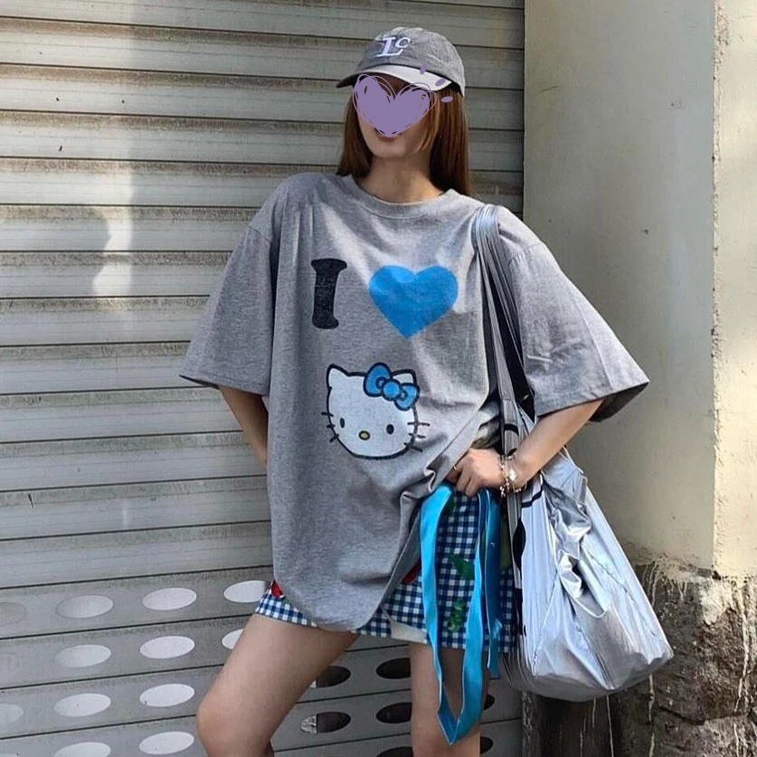 美式复古ins减龄卡通做旧印花短袖T恤女宽松百搭纯棉半袖上衣