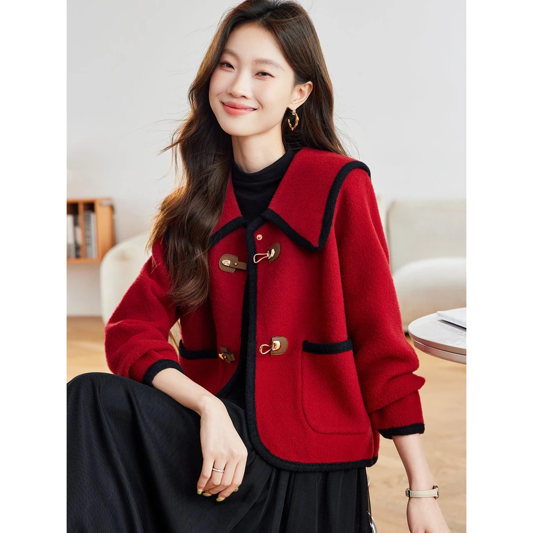 小香风娃娃领毛呢外套女秋冬季2025新款撞色边金属扣小个子短上衣