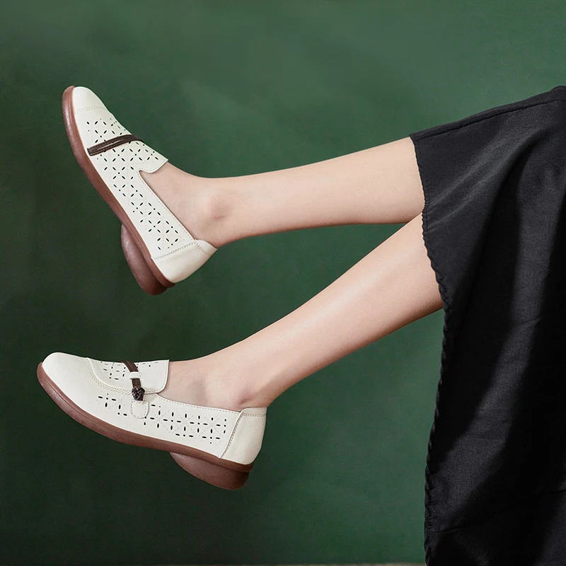 YX705牛皮软底防滑浅口凉鞋妈妈鞋春夏新款镂空舒适单鞋洞洞鞋