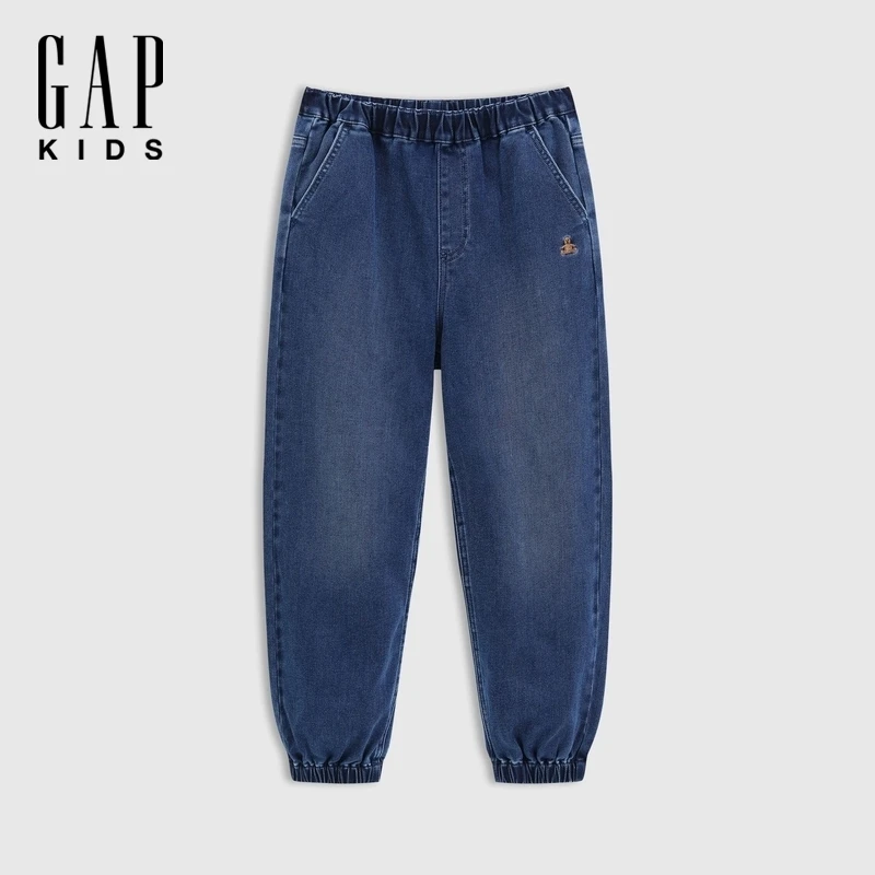 Gap男童2025秋冬新款小熊刺绣松紧腰束口牛仔裤儿童装长裤805252
