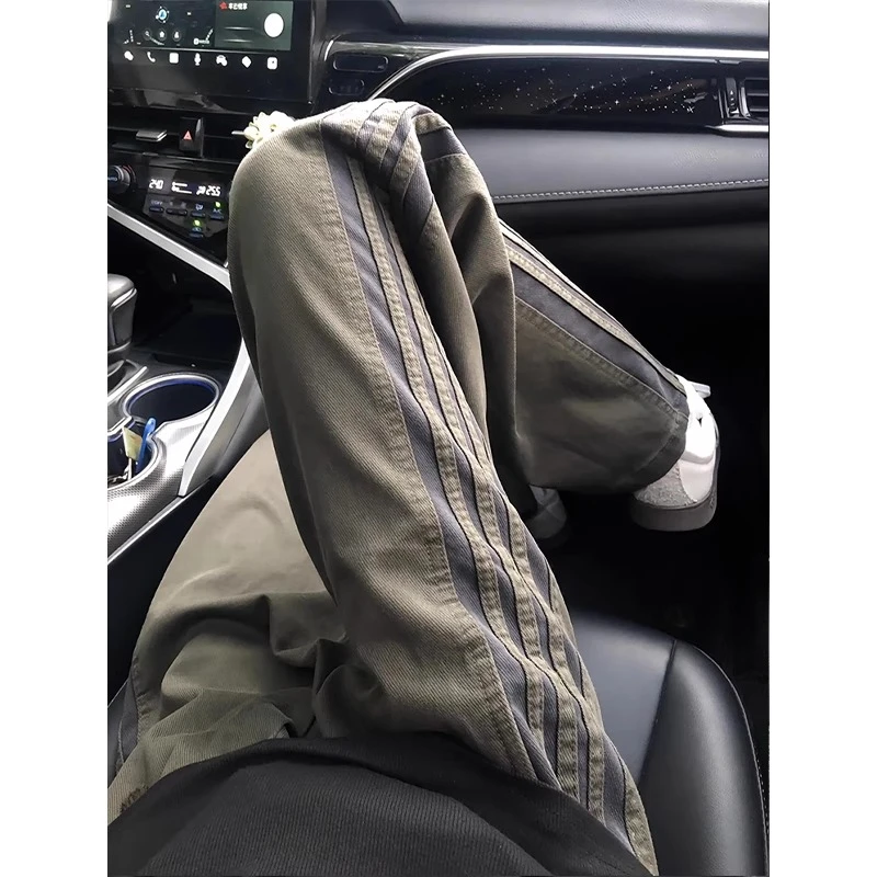 军绿色美式条纹裤子男款夏薄款速干直筒工装裤垂感宽松运动休闲裤