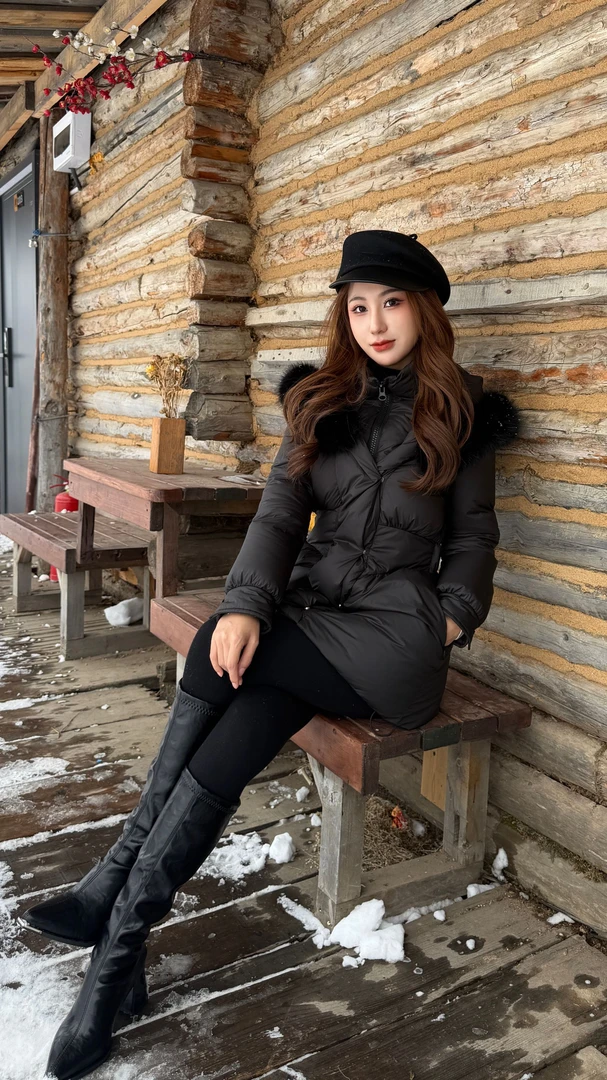 思思小个子服装【小蛮腰】黑色大毛领连帽巨显瘦收腰羽绒服25F809