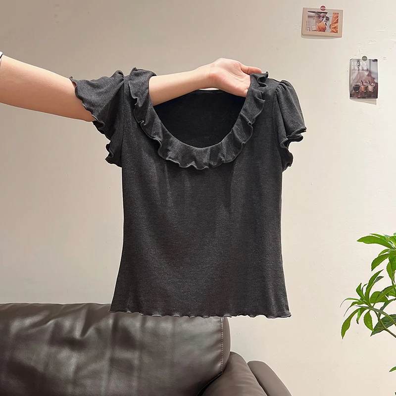 深灰洋气减龄拼接荷叶边正肩u领t恤衫女士夏极简风修身上衣