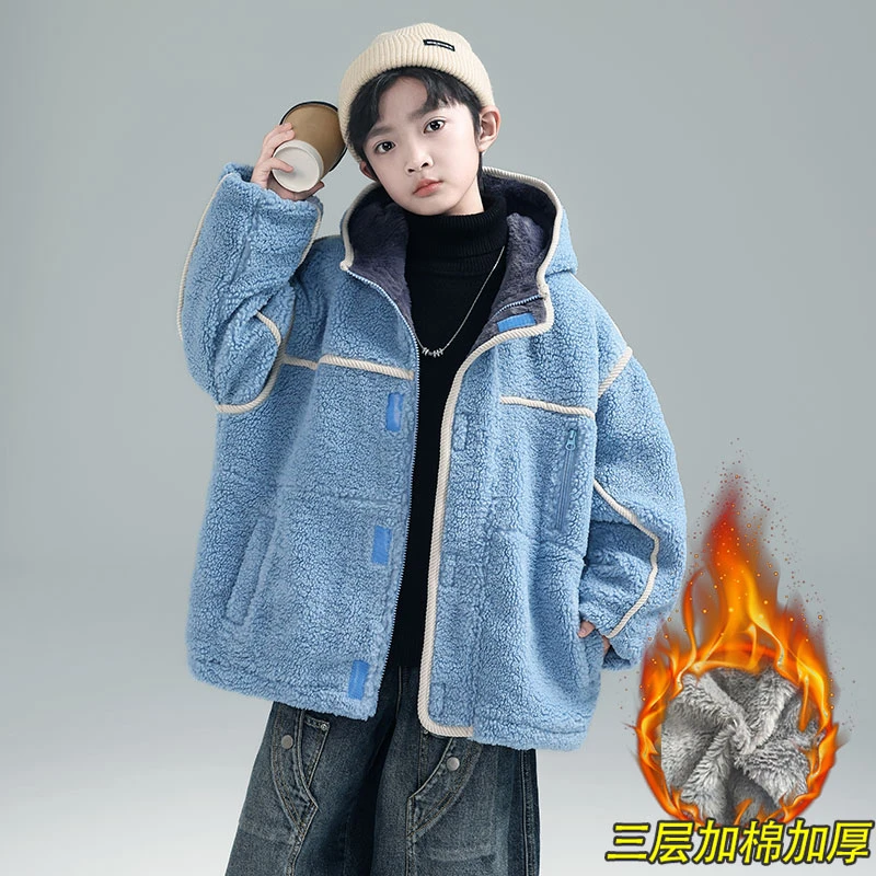 男童羊羔绒外套儿童冬季加厚夹棉上衣2025新款宝宝冬装加绒毛毛衣