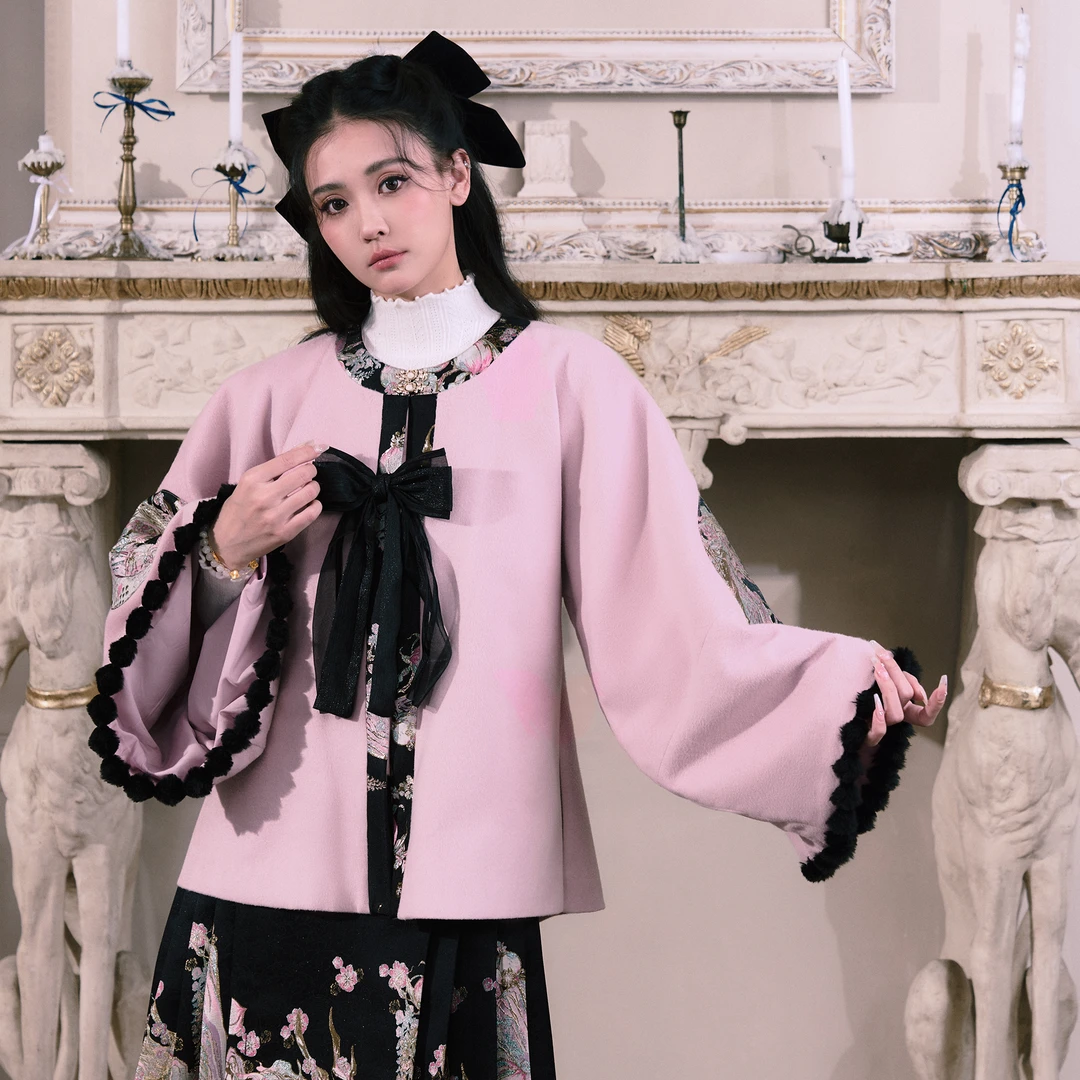 造镜集《春山桃龙》冬款呢子汉服新中式马面裙织金仿妆花披袄汉服2