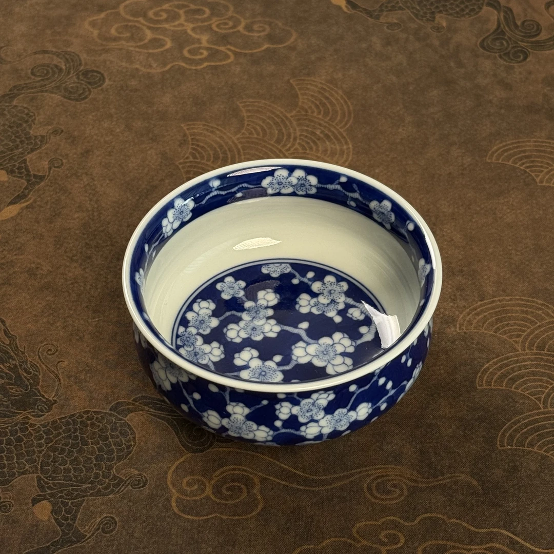 景德镇青言纯手工手绘青花冰梅纹矮炉式杯陶瓷主人杯