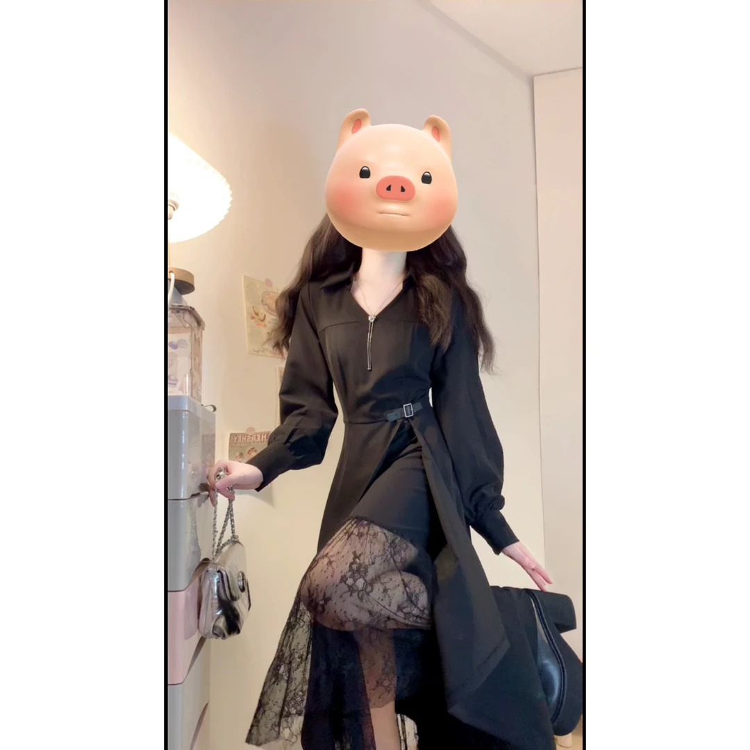 实拍~大码女装秋冬法式赫本风黑色蕾丝拼接不规则裙摆显瘦连衣裙