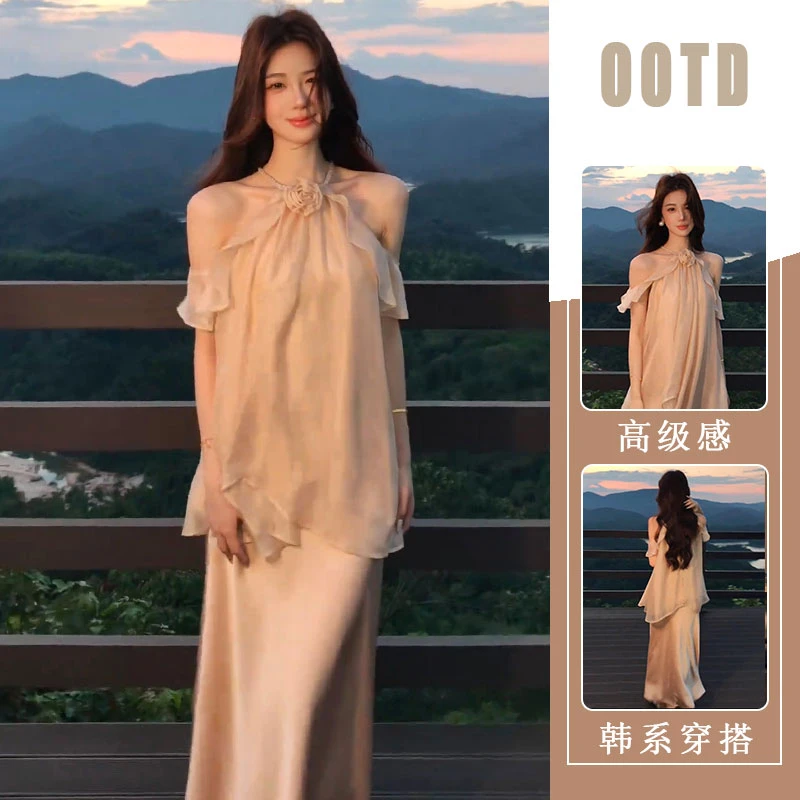 立体花朵气质中长半身裙2025夏新款巨好看绝美漂亮露肩上衣两件套