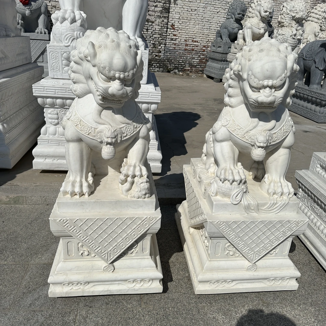 汉白玉石雕天安门狮子 石头狮子一对高1.2米家用别墅门口看门摆件