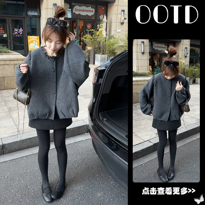 秋冬流行穿搭一整套女2025新款圆领木耳边宽松外套百搭短裙两件套