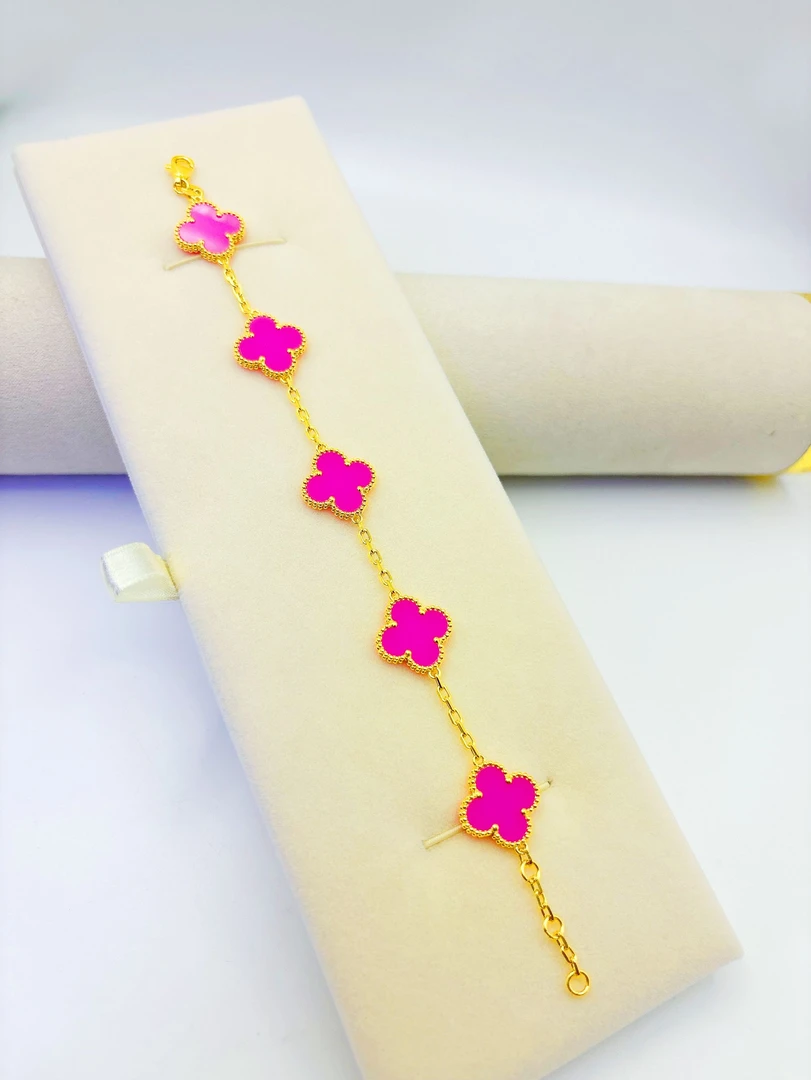 《云聚川珠宝》足金999 真5G 粉色四叶草镶嵌弗洛伊德玫瑰石手链