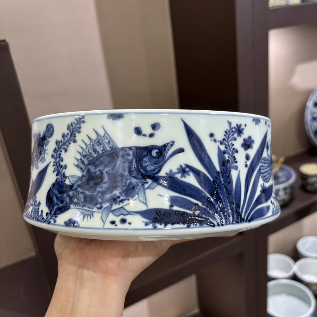 幽蓝溪堂景德镇陶瓷手工手绘仿元青花鱼藻纹直径20大水洗釉下彩