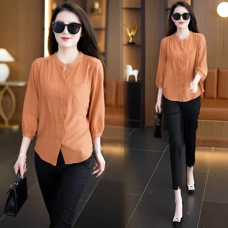 时尚衬衫女2025春夏新款慵懒风显瘦宽松简约衬衫九分袖防晒上衣