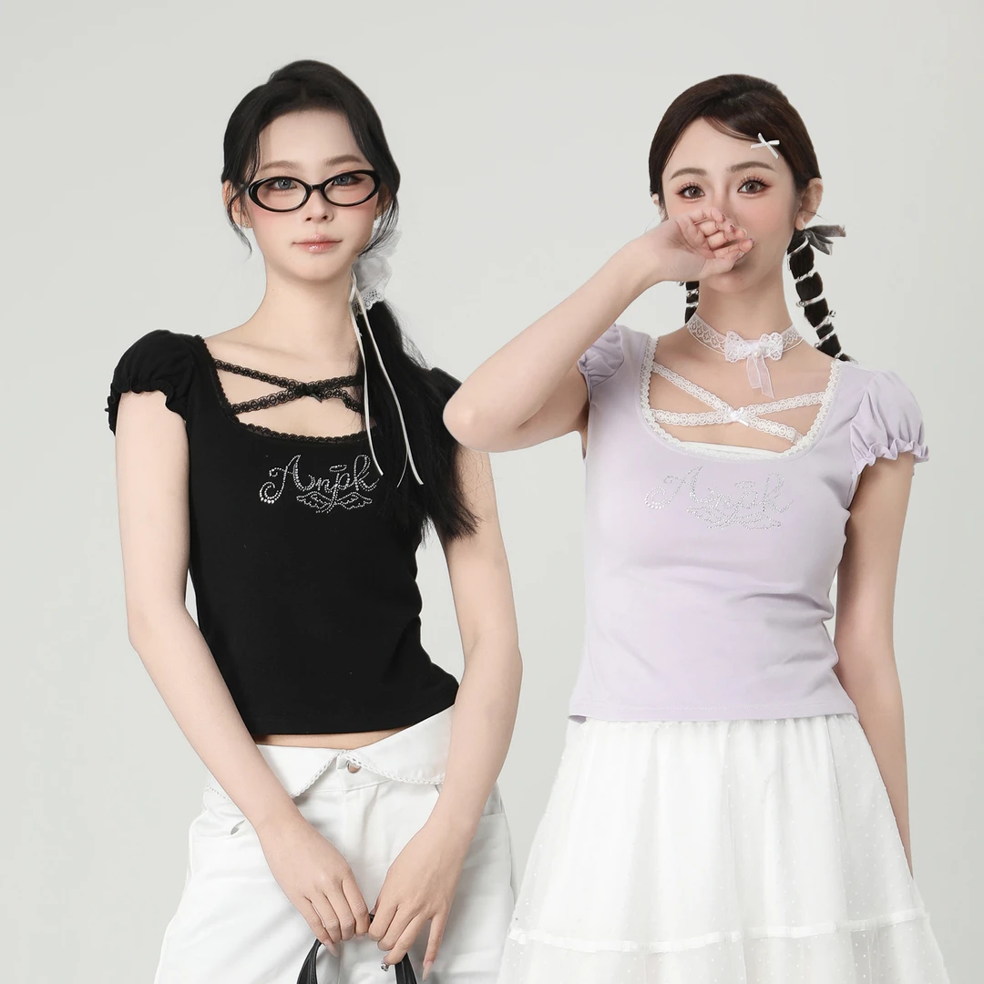 ANPK纯欲甜美正肩T恤拼接设计感显瘦蕾丝针织夏季A5F02C0085