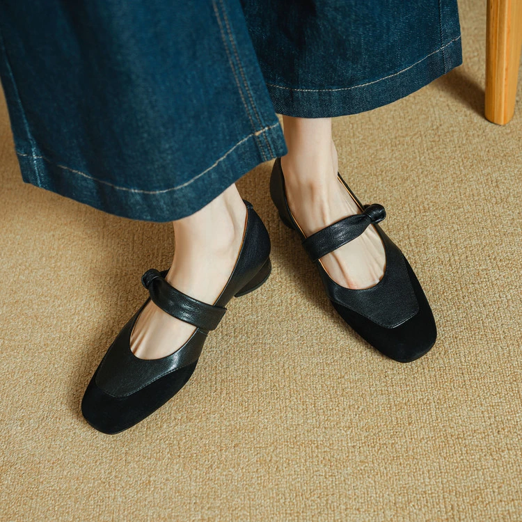 2.5CM法式百搭粗跟复古夏黑色方头玛丽珍鞋红色单鞋低跟软底女鞋