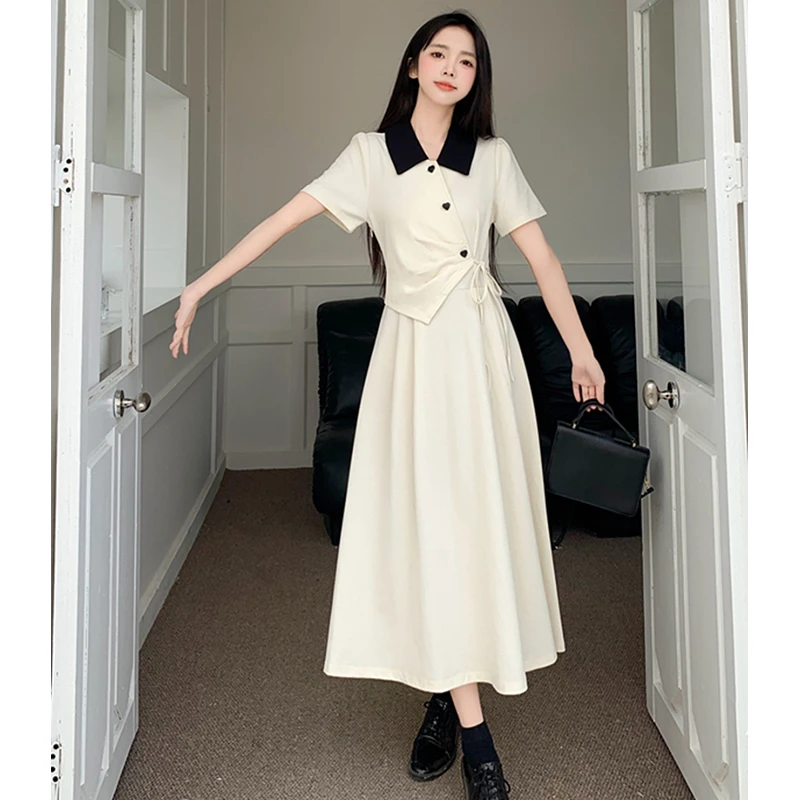 2025夏季大码女装新款时尚拼接气质设计感收腰显瘦短袖长款连衣裙