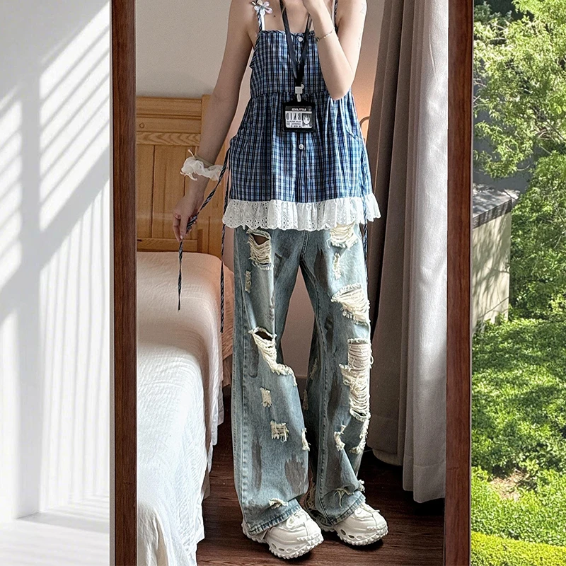 微胖mm设计感复古水洗高腰牛仔裤女夏季新款泼墨破洞显瘦阔腿长裤