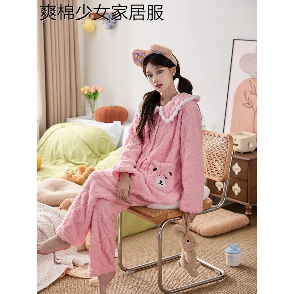 少女女士加厚加绒保暖秋冬季长袖大码长款毛绒卡通睡衣女秋冬款
