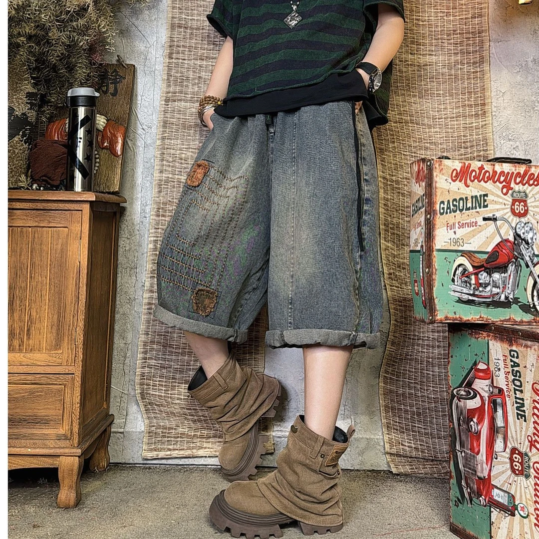 898款夏季宽松休闲复古炒色做旧牛仔刺绣直筒裤【裤长66臀围140】