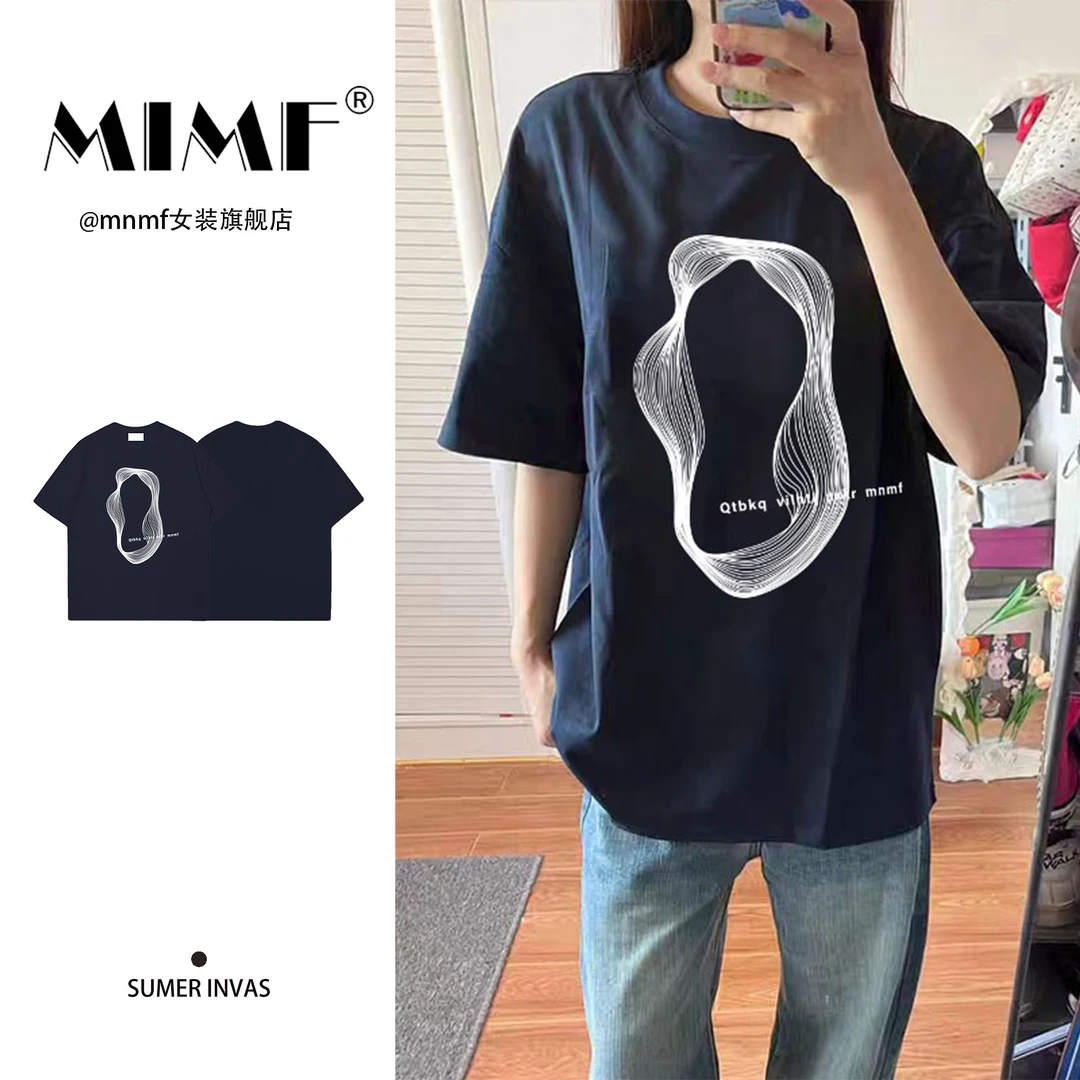 mnmf韩版街头休闲装字母印花藏青色上衣夏季纯棉百搭宽松短袖T恤