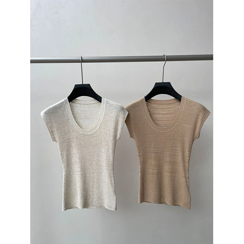 11663针织U领百搭款休闲上衣2025年夏季新款显瘦短袖款