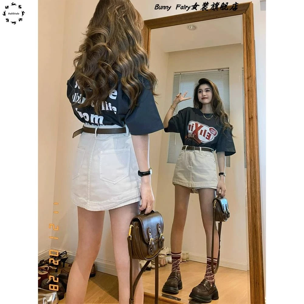 韩版复古慵懒风字母印花短袖T恤女2025夏季新款辣妹A字短裙两件套