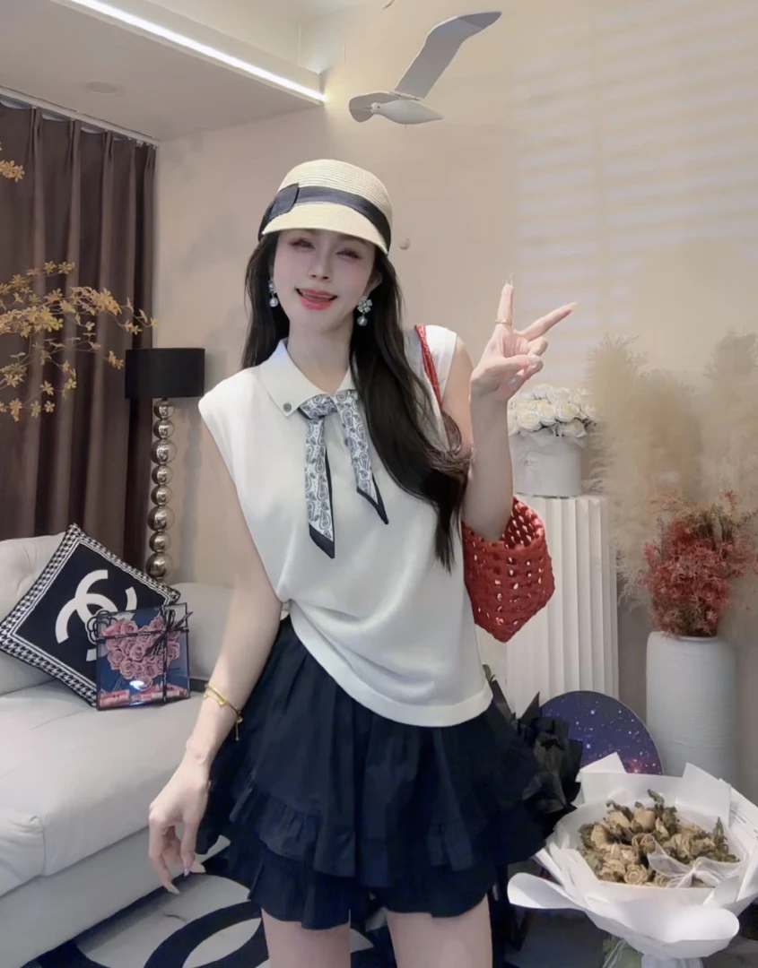L.X~翻领丝巾系带针织衫女新款夏季薄款无袖背心针织上衣6656