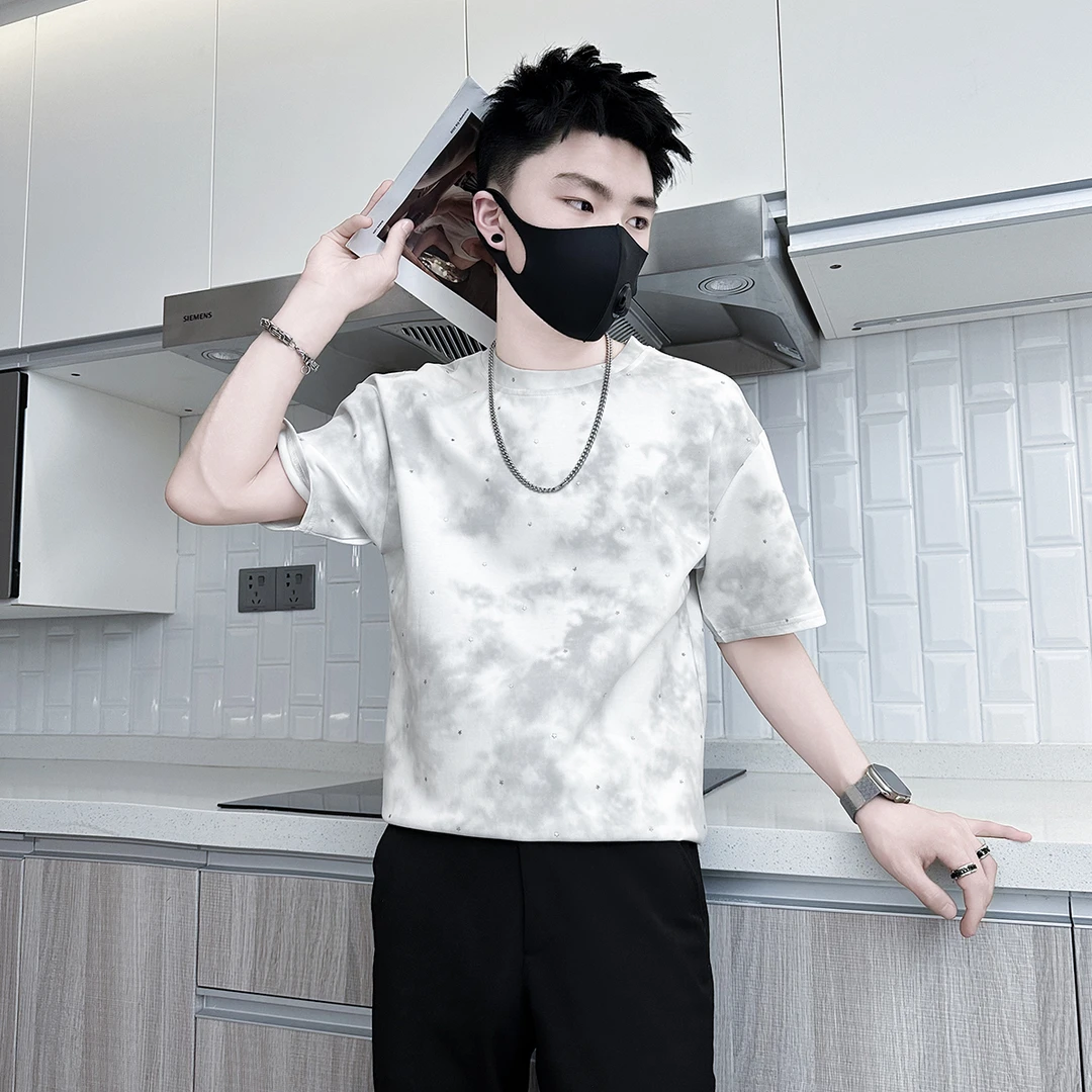 扎染短袖T恤男爆款2025新款时尚设计感衣服圆领修身潮流男士半袖