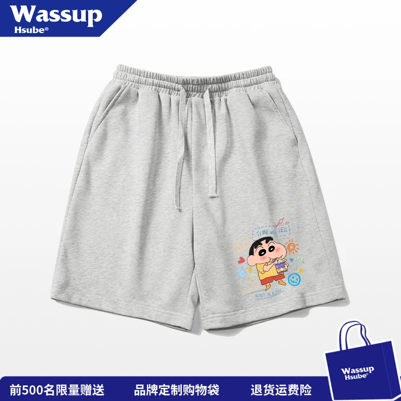 WASSUP HSUBE欧美式卡通人物印花运动短裤男夏季休闲白灰色五分裤