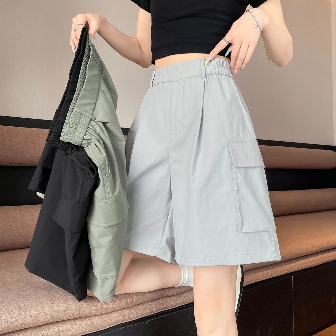 工装五分裤女夏季薄款速干短裤2025新款阔腿直筒冰丝凉凉休闲中裤