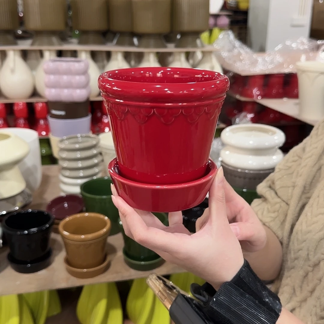 b4红色带托花盆花盆花盆