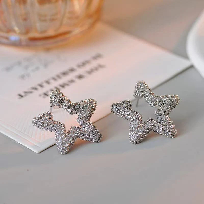 铜合金锆石耳饰 屿希【耳边星光】满钻星星耳环925银针耳饰M0119