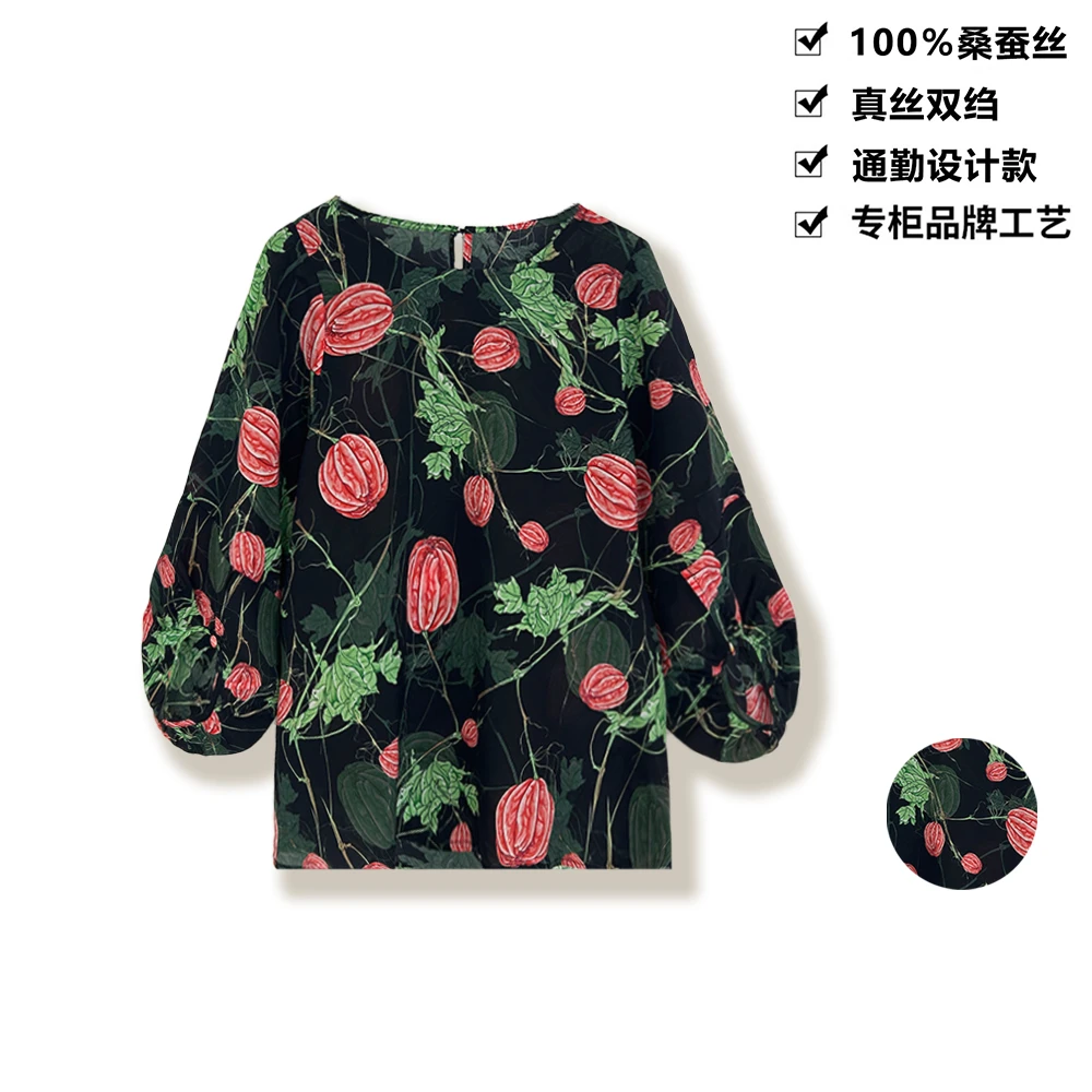 100桑蚕丝真丝小衫春夏别致花朵印花圆领灯笼袖桑蚕丝上衣DLX216