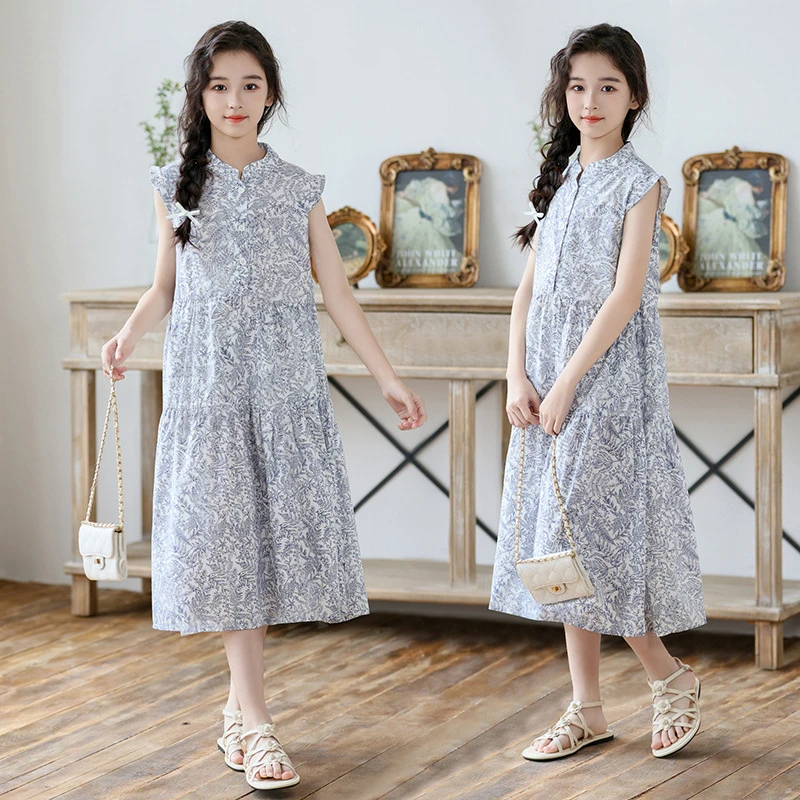 女童裙子夏季2025新款碎花背心裙女孩中式连衣裙中大童国风花裙子