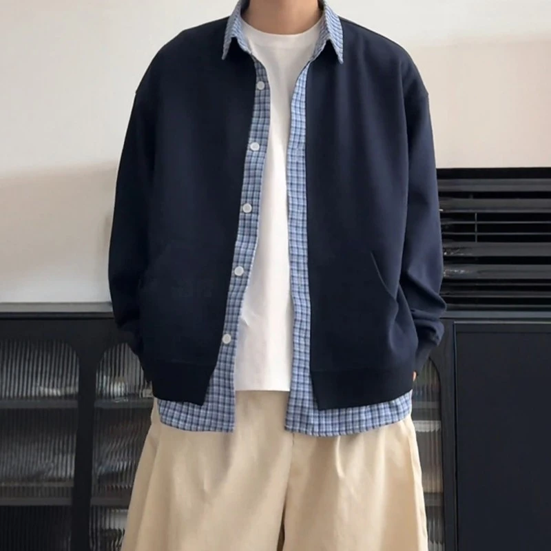 藏青色衬衫假两件正肩开衫卫衣男韩系慵懒风无帽重磅情侣翻领外套