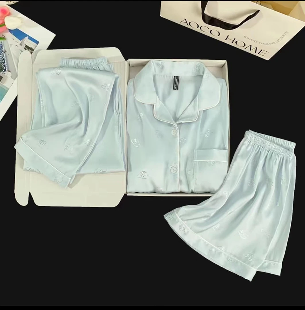A5【短袖+短裤+长裤】夏天带胸垫冰丝睡衣女翻领轻奢家居服三件套