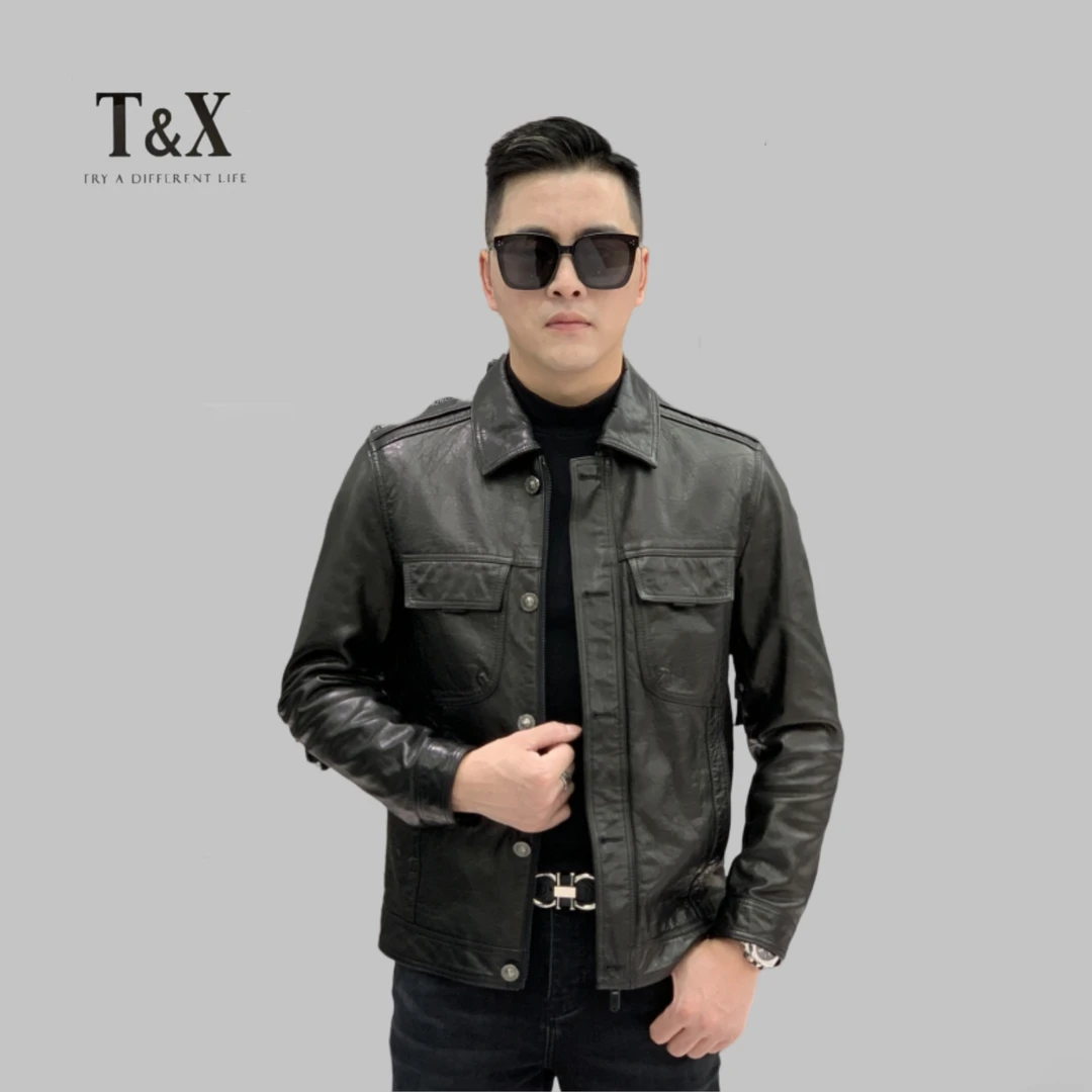 T&X/梯形男装男士秋冬新款时尚真皮翻领修身皮夹克百搭外套(0147)