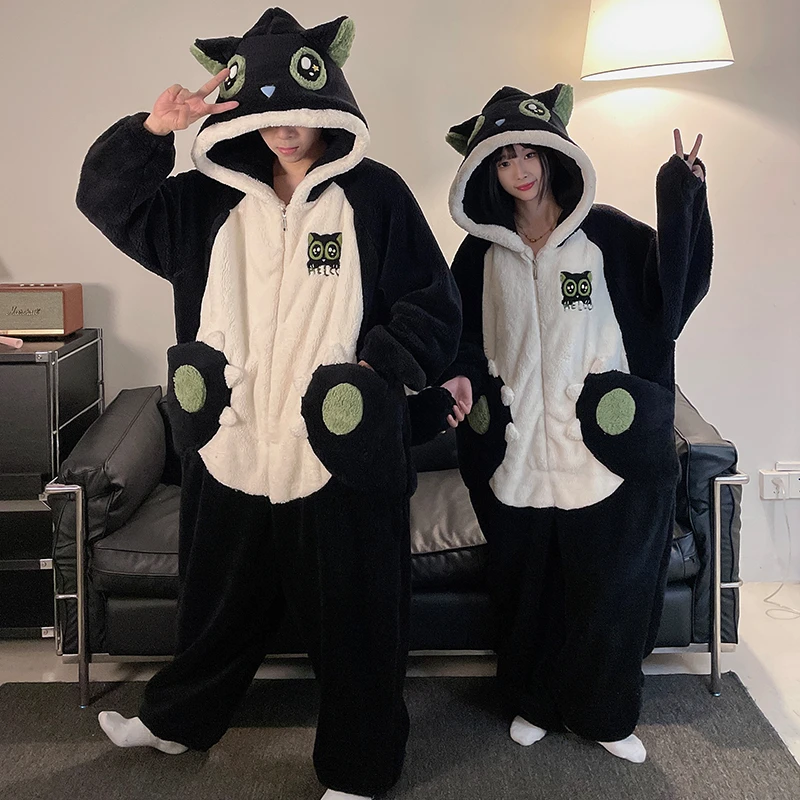 情侣连体睡衣女冬季保暖加绒加厚珊瑚绒男女秋冬天卡通款家居服